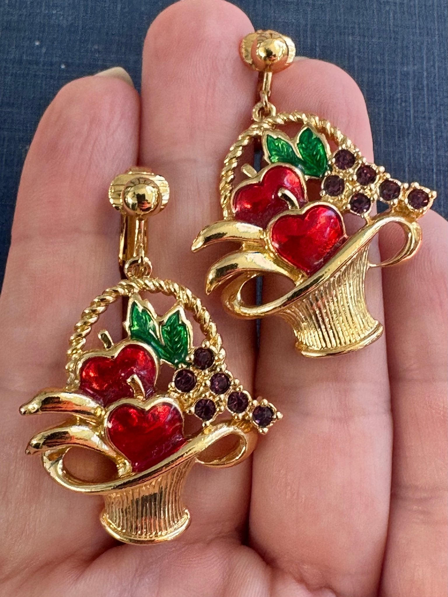 Vintage Avon Fruit Basket Clip-On Earrings Gold Tone Enamel Cherry Grape Novelty Jewelry Earrings - GlamGram NYC