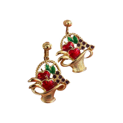 Vintage Avon Fruit Basket Clip-On Earrings Gold Tone Enamel Cherry Grape Novelty Jewelry Earrings - GlamGram NYC