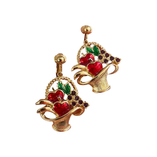 Vintage Avon Fruit Basket Clip-On Earrings Gold Tone Enamel Cherry Grape Novelty Jewelry Earrings - GlamGram NYC
