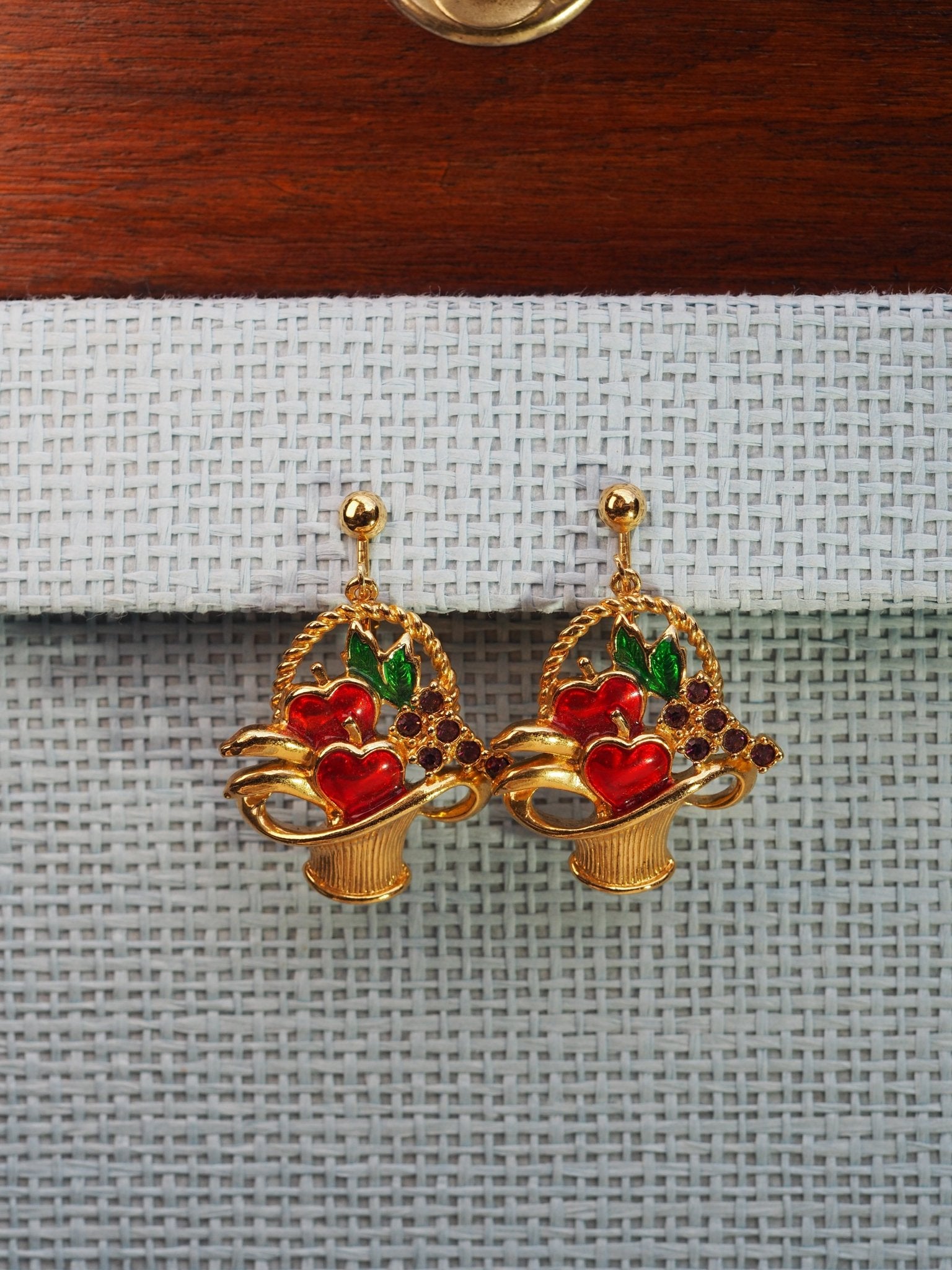 Vintage Avon Fruit Basket Clip-On Earrings Gold Tone Enamel Cherry Grape Novelty Jewelry Earrings - GlamGram NYC