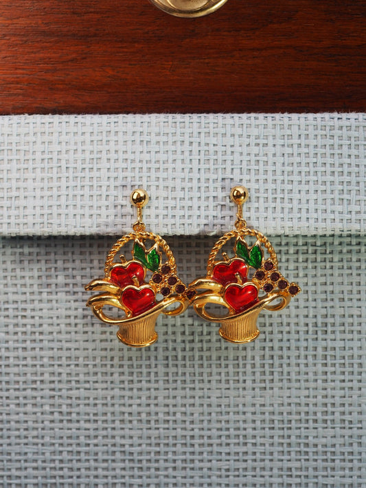 Vintage Avon Fruit Basket Clip-On Earrings Gold Tone Enamel Cherry Grape Novelty Jewelry Earrings - GlamGram NYC