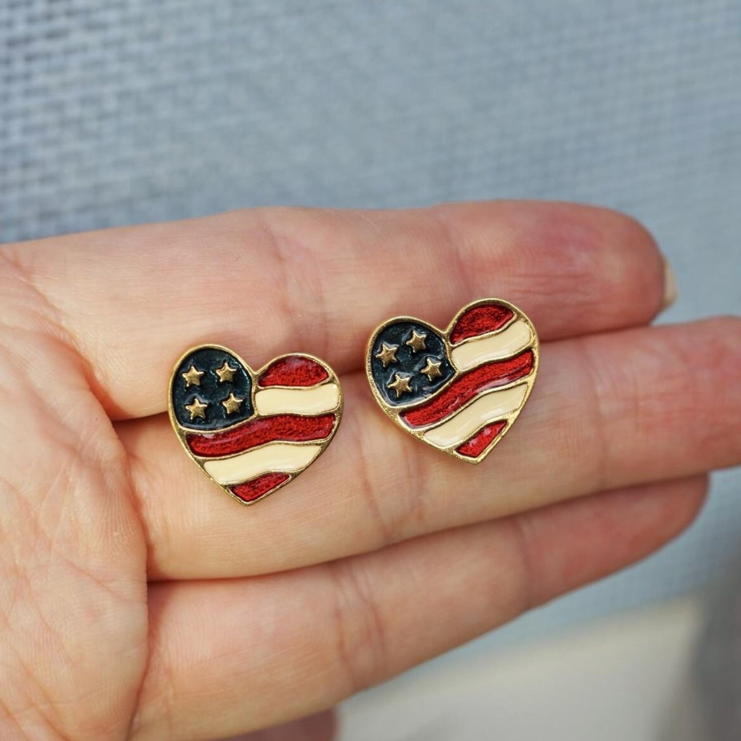 Vintage Avon Patriotic Heart Flag Enamel Stud Earrings Earrings - GlamGram NYC