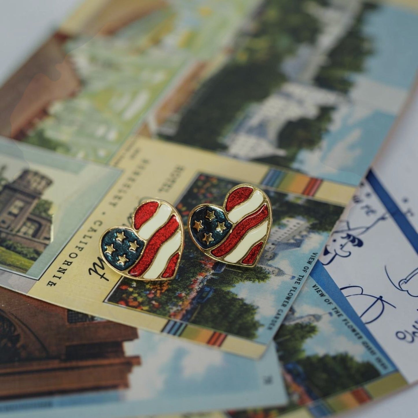 Vintage Avon Patriotic Heart Flag Enamel Stud Earrings Earrings - GlamGram NYC
