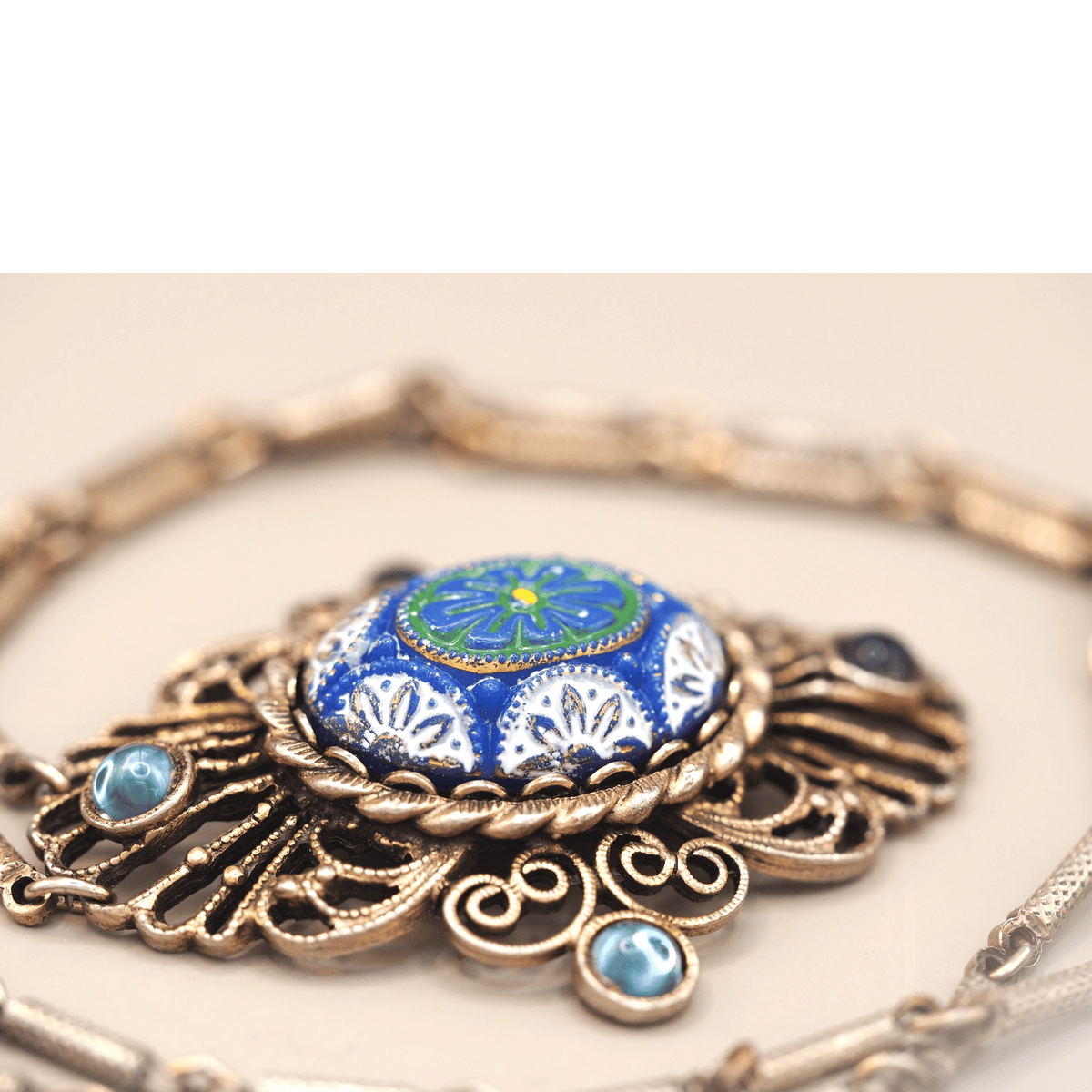 Vintage Blue Art Glass Filigree Pendant Necklace Antique Gold Tone Necklace - GlamGram NYC