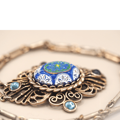 Vintage Blue Art Glass Filigree Pendant Necklace Antique Gold Tone Necklace - GlamGram NYC