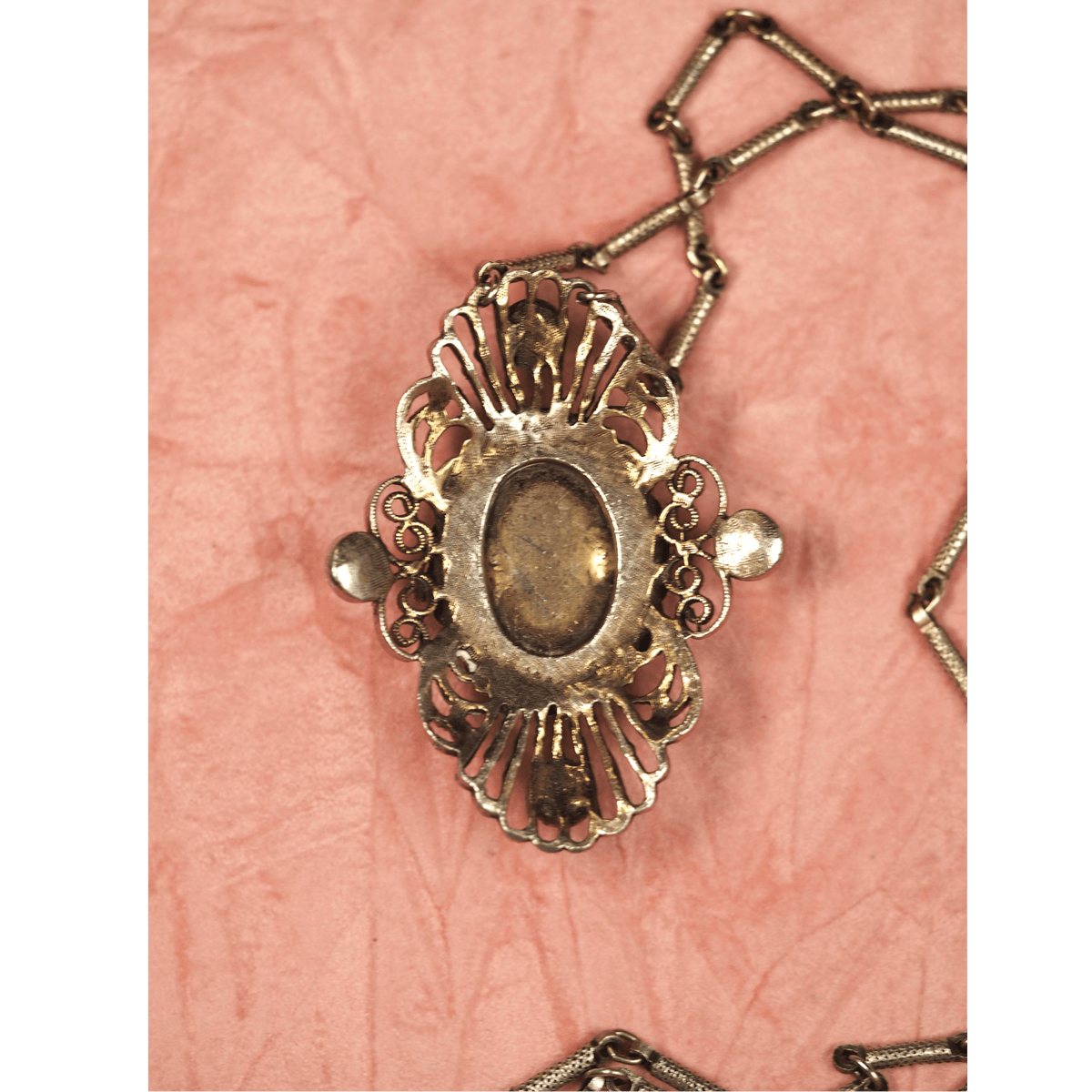 Vintage Blue Art Glass Filigree Pendant Necklace Antique Gold Tone Necklace - GlamGram NYC