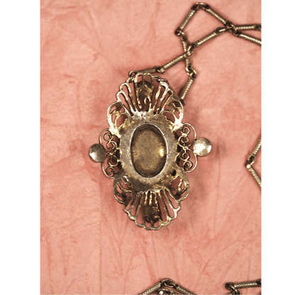 Vintage Blue Art Glass Filigree Pendant Necklace Antique Gold Tone Necklace - GlamGram NYC