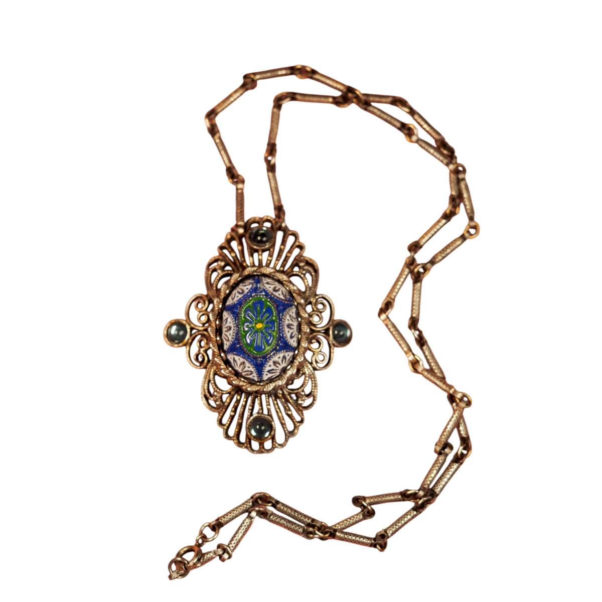 Vintage Blue Art Glass Filigree Pendant Necklace Antique Gold Tone Necklace - GlamGram NYC
