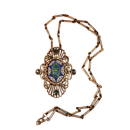Vintage Blue Art Glass Filigree Pendant Necklace Antique Gold Tone Necklace - GlamGram NYC