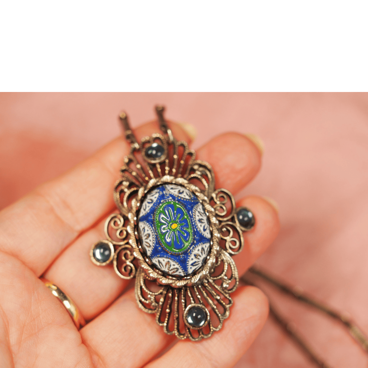 Vintage Blue Art Glass Filigree Pendant Necklace Antique Gold Tone Necklace - GlamGram NYC