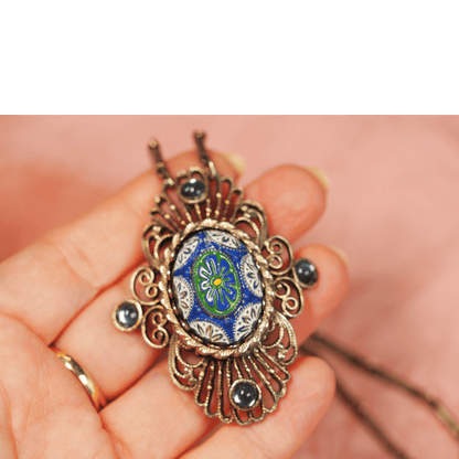 Vintage Blue Art Glass Filigree Pendant Necklace Antique Gold Tone Necklace - GlamGram NYC