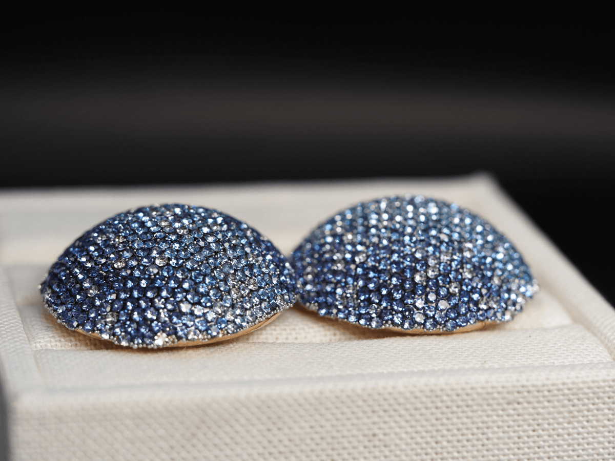 Vintage Blue Ombre Pave Rhinestone Dome Earrings Large Round Statement Studs Earrings - GlamGram NYC