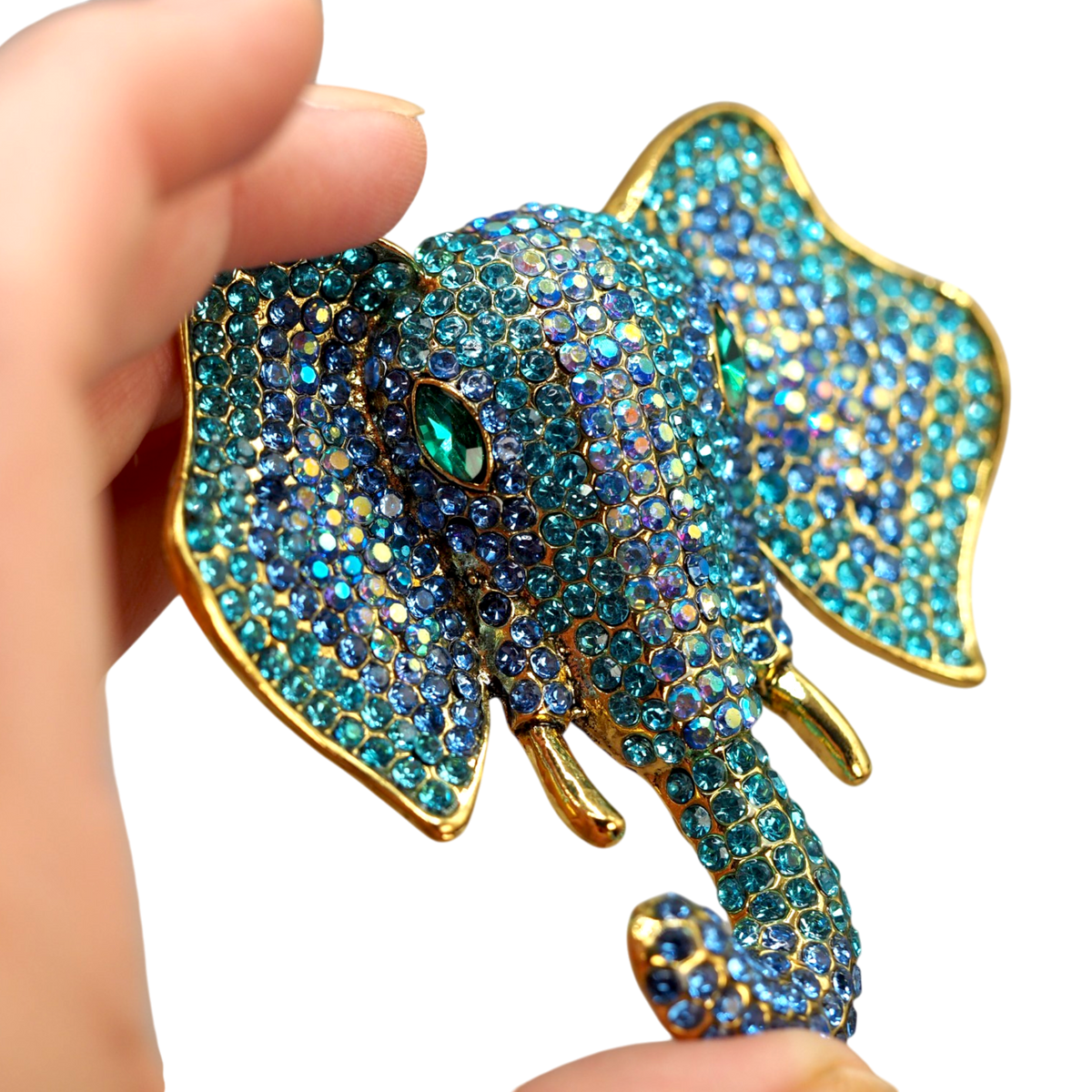 Vintage Blue Pavé Rhinestone Elephant Head Statement Brooch Aqua Cobalt Brooch - GlamGram NYC
