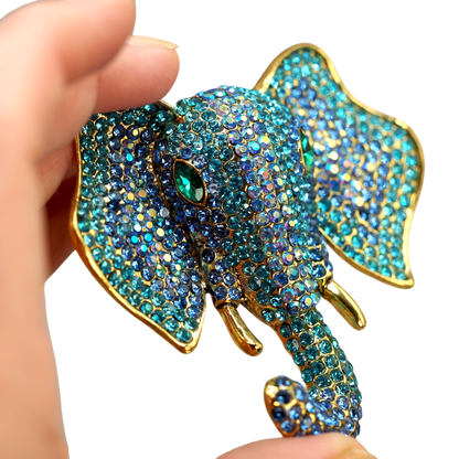 Vintage Blue Pavé Rhinestone Elephant Head Statement Brooch Aqua Cobalt Brooch - GlamGram NYC