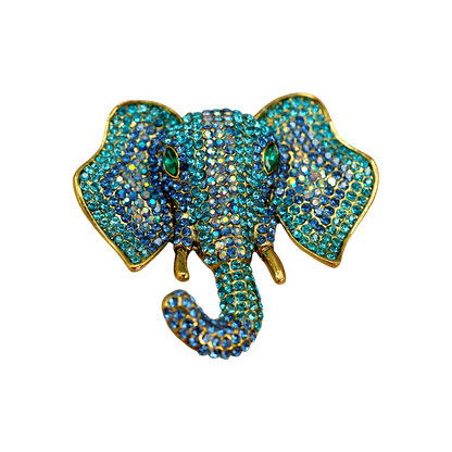 Vintage Blue Pavé Rhinestone Elephant Head Statement Brooch Aqua Cobalt Brooch - GlamGram NYC