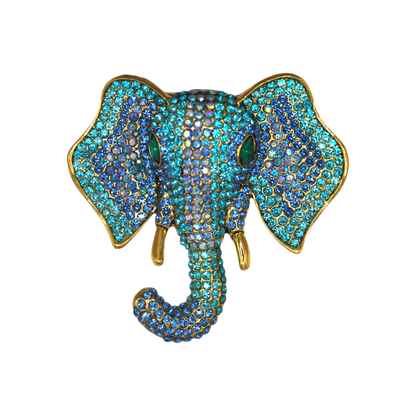 Vintage Blue Pavé Rhinestone Elephant Head Statement Brooch Aqua Cobalt Brooch - GlamGram NYC