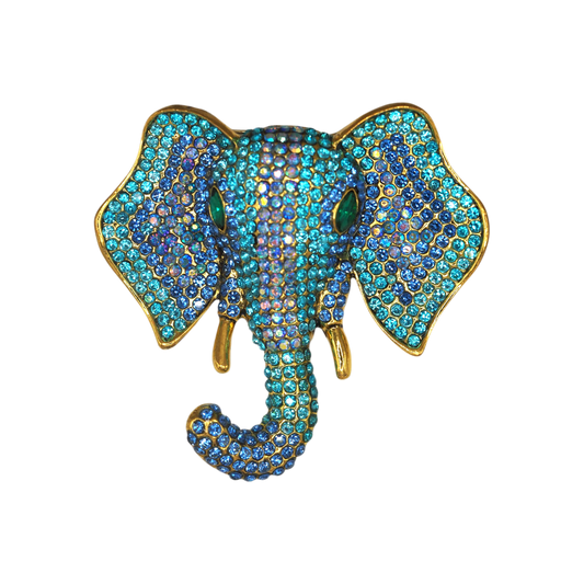 Vintage Blue Pavé Rhinestone Elephant Head Statement Brooch Aqua Cobalt Brooch - GlamGram NYC
