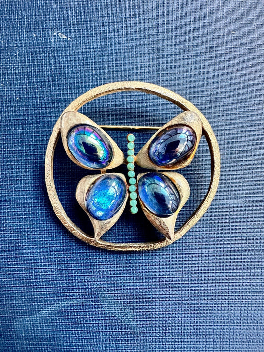 Vintage Butterfly Brooch, Iridescent Blue Art Glass Cabochon Pin, Mid Century Gold Tone Insect Jewelry, Statement Gift for Her Brooch - GlamGram NYC