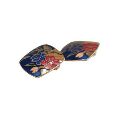 Vintage Cloisonné Enamel Iris Earrings Navy Blue and Gold Square Clip-On Floral Jewelry Earrings - GlamGram NYC