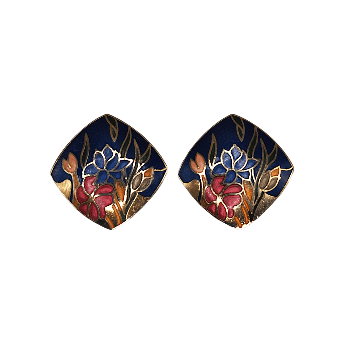 Vintage Cloisonné Enamel Iris Earrings Navy Blue and Gold Square Clip-On Floral Jewelry Earrings - GlamGram NYC