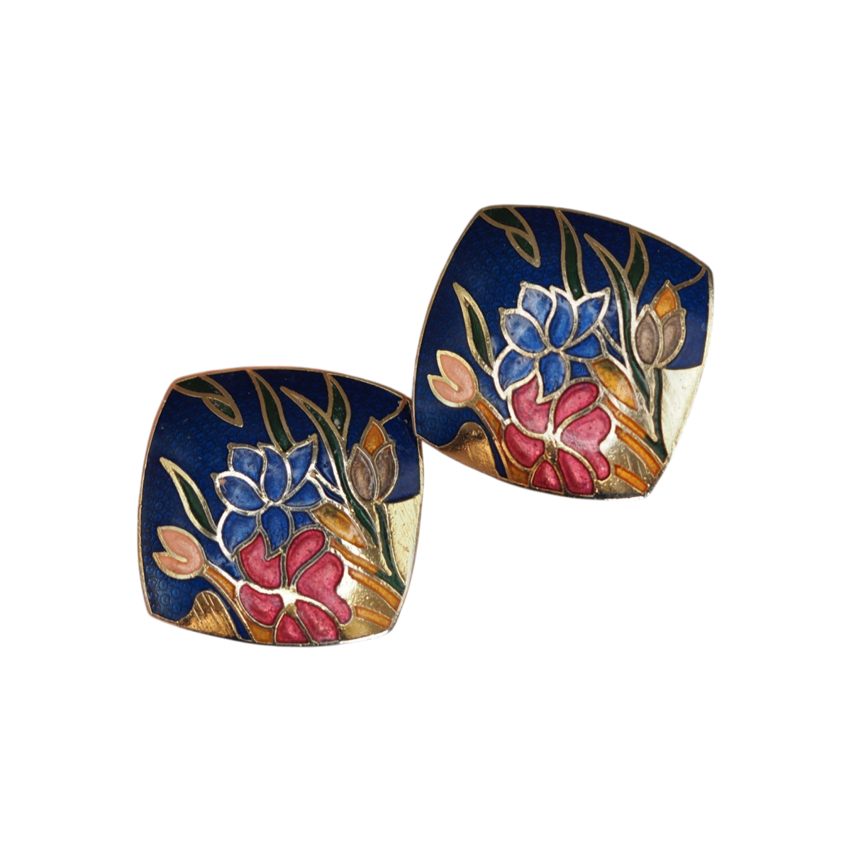 Vintage Cloisonné Enamel Iris Earrings Navy Blue and Gold Square Clip-On Floral Jewelry Earrings - GlamGram NYC