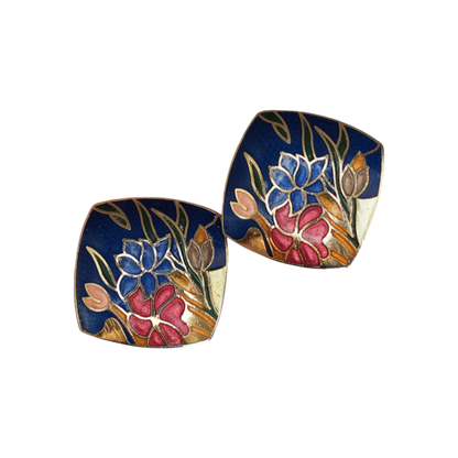 Vintage Cloisonné Enamel Iris Earrings Navy Blue and Gold Square Clip-On Floral Jewelry Earrings - GlamGram NYC