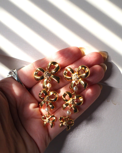 Vintage Elizabeth Taylor White Diamonds Earrings, Bow Drop Pierced Dangles, 1980s Designer Jewelry, Coquette Glam Gift Earrings - GlamGram NYC