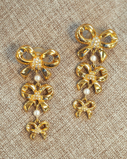 Vintage Elizabeth Taylor White Diamonds Earrings, Bow Drop Pierced Dangles, 1980s Designer Jewelry, Coquette Glam Gift Earrings - GlamGram NYC