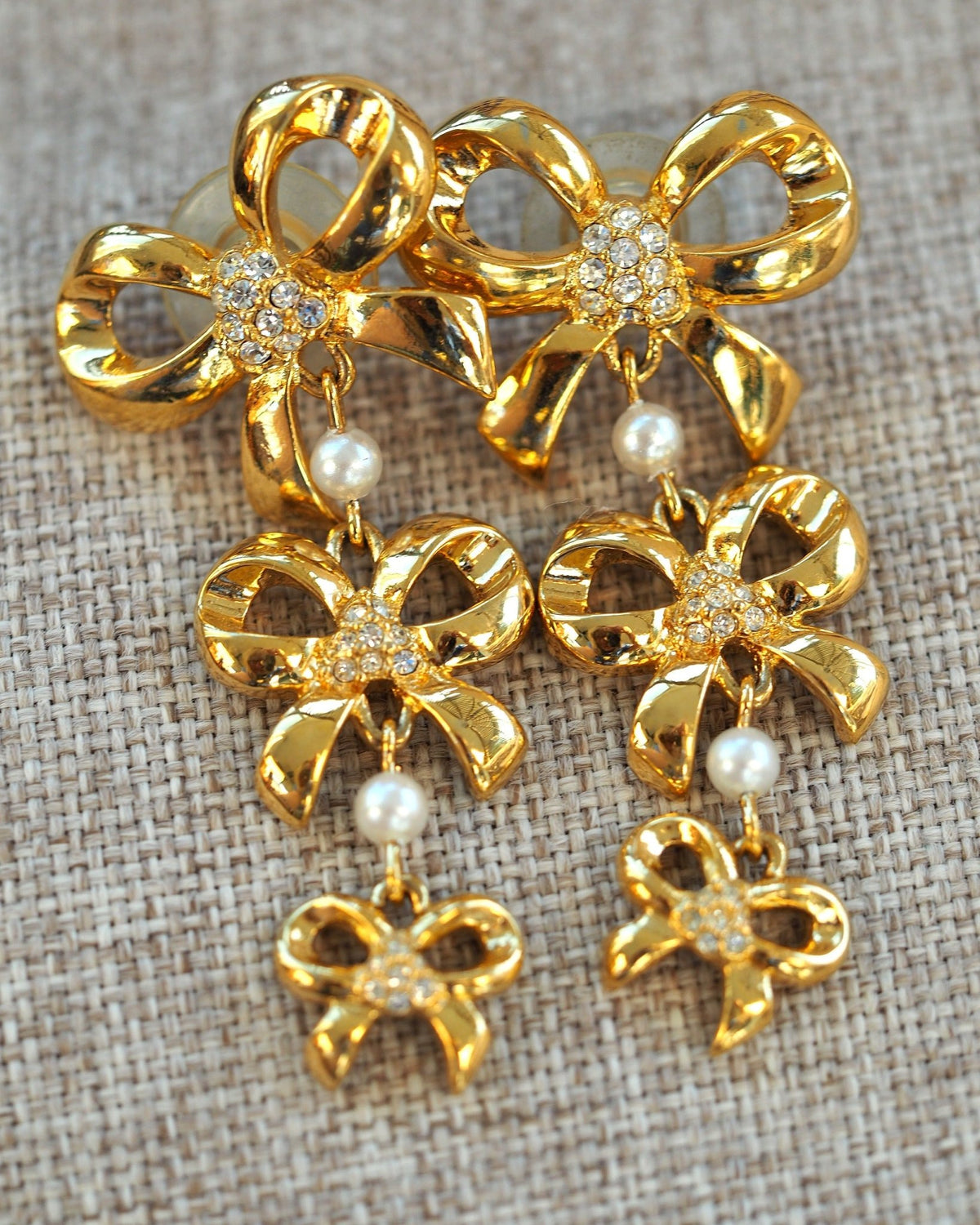 Vintage Elizabeth Taylor White Diamonds Earrings, Bow Drop Pierced Dangles, 1980s Designer Jewelry, Coquette Glam Gift Earrings - GlamGram NYC