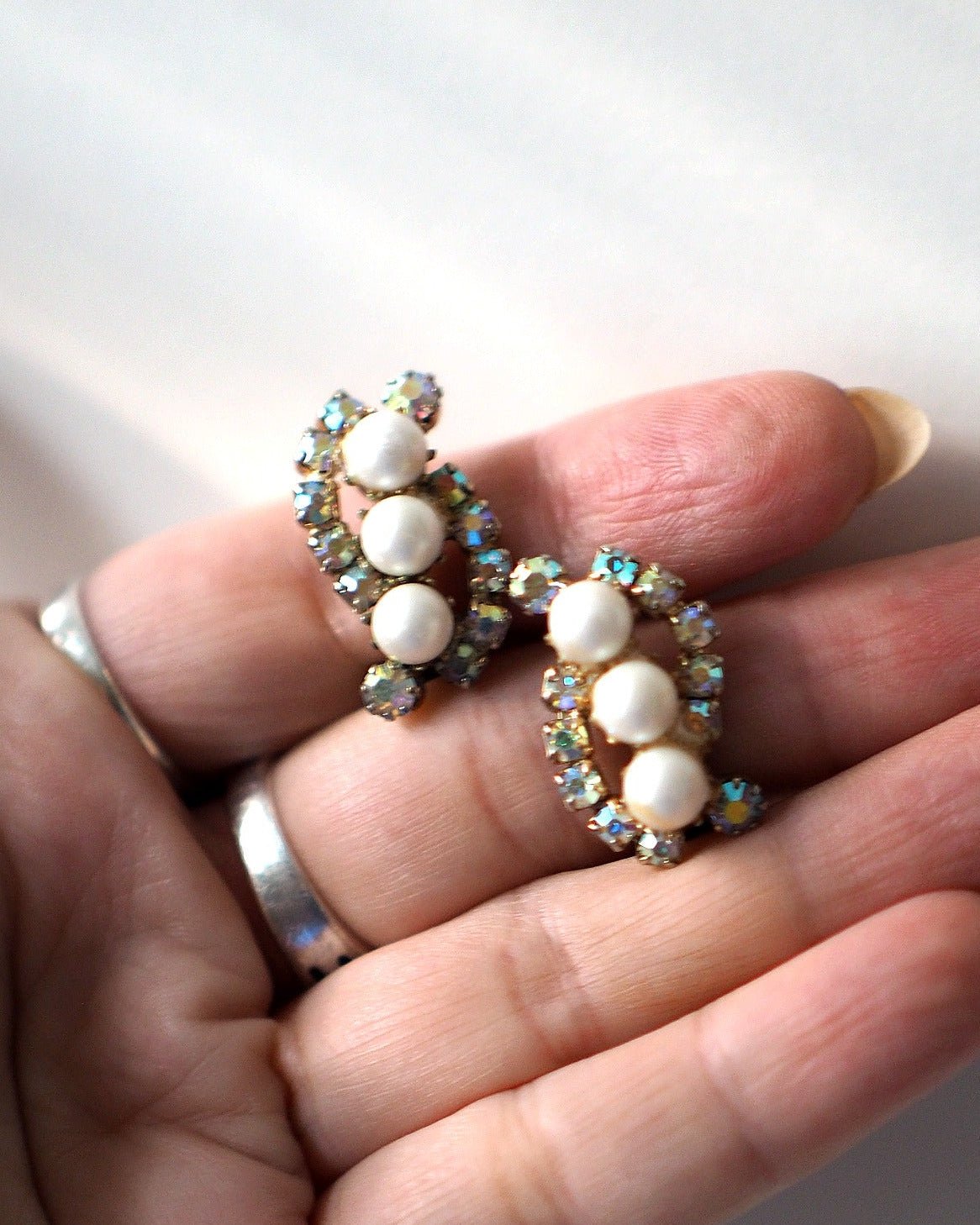 Vintage Faux Pearl Clip On Earrings, Aurora Borealis Rhinestone Crescent, 1950s Mid Century Jewelry, Coquette Gift for Her Earrings (Clip) - GlamGram NYC
