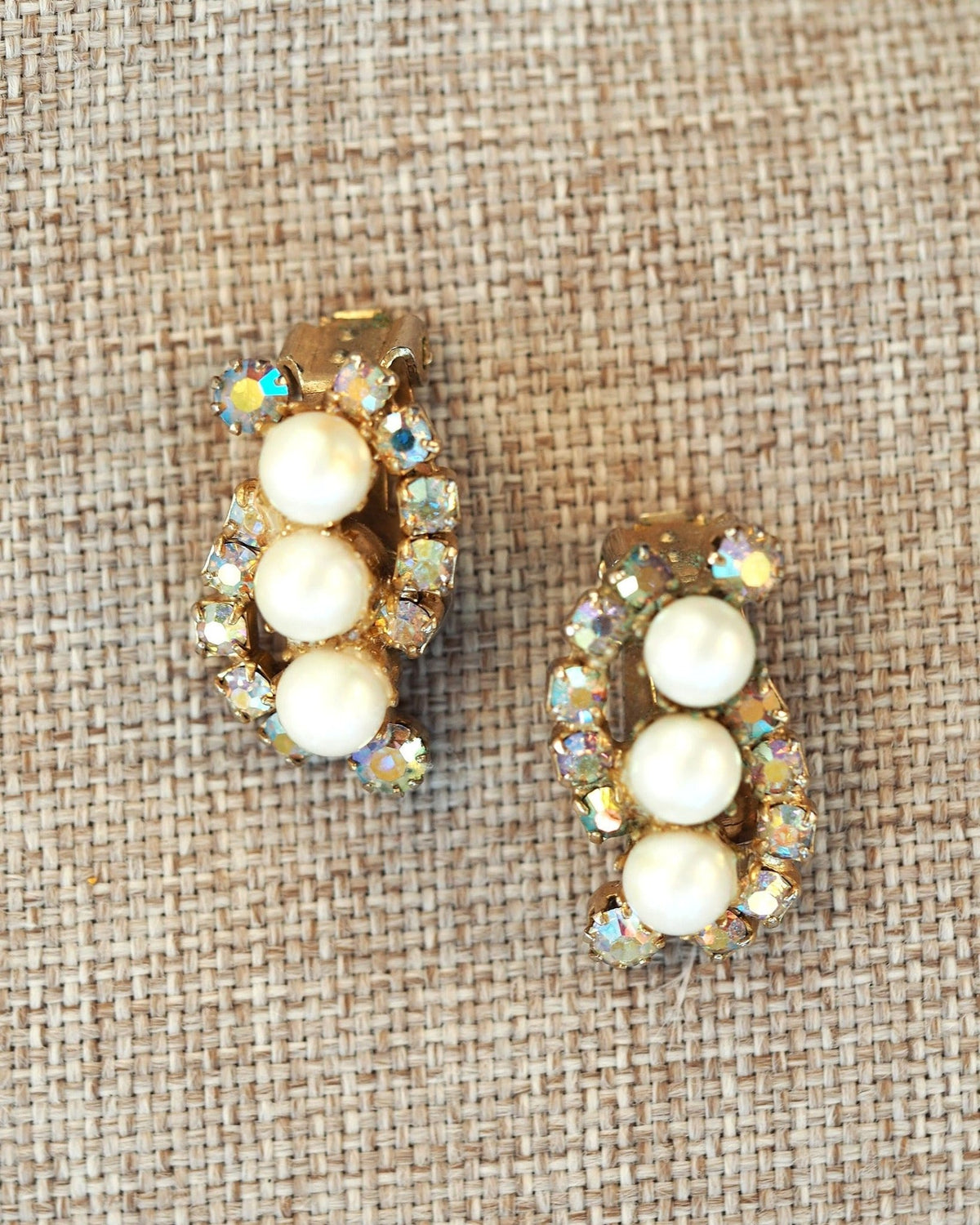 Vintage Faux Pearl Clip On Earrings, Aurora Borealis Rhinestone Crescent, 1950s Mid Century Jewelry, Coquette Gift for Her Earrings (Clip) - GlamGram NYC