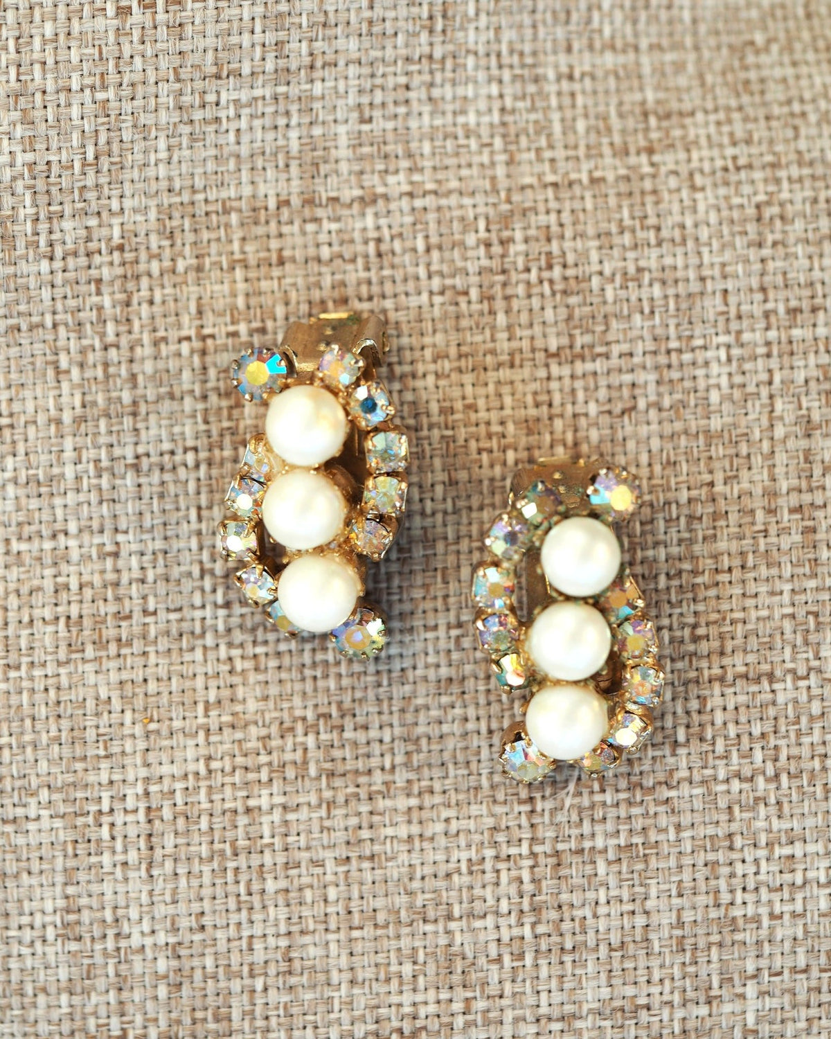 Vintage Faux Pearl Clip On Earrings, Aurora Borealis Rhinestone Crescent, 1950s Mid Century Jewelry, Coquette Gift for Her Earrings (Clip) - GlamGram NYC