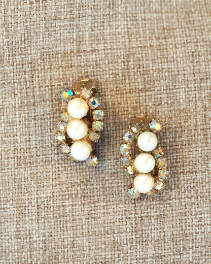 Vintage Faux Pearl Clip On Earrings, Aurora Borealis Rhinestone Crescent, 1950s Mid Century Jewelry, Coquette Gift for Her Earrings (Clip) - GlamGram NYC