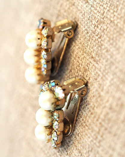 Vintage Faux Pearl Clip On Earrings, Aurora Borealis Rhinestone Crescent, 1950s Mid Century Jewelry, Coquette Gift for Her Earrings (Clip) - GlamGram NYC