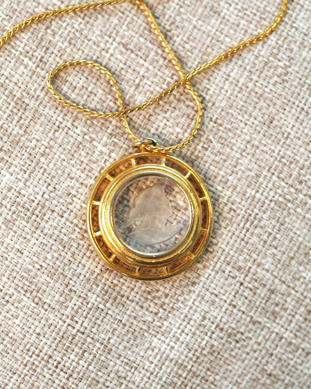 Vintage Glass Cameo Necklace, Carved Profile Pendant Gold Tone Rope Chain, 1950s Mid Century Jewelry, Coquette Gift for Her Necklace - GlamGram NYC
