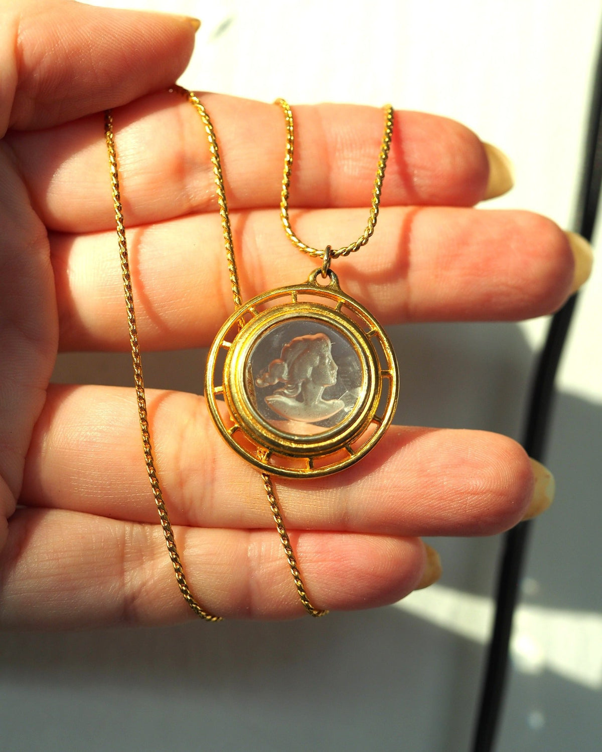 Vintage Glass Cameo Necklace, Carved Profile Pendant Gold Tone Rope Chain, 1950s Mid Century Jewelry, Coquette Gift for Her Necklace - GlamGram NYC