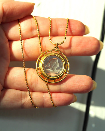 Vintage Glass Cameo Necklace, Carved Profile Pendant Gold Tone Rope Chain, 1950s Mid Century Jewelry, Coquette Gift for Her Necklace - GlamGram NYC