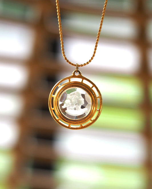 Vintage Glass Cameo Necklace, Carved Profile Pendant Gold Tone Rope Chain, 1950s Mid Century Jewelry, Coquette Gift for Her Necklace - GlamGram NYC