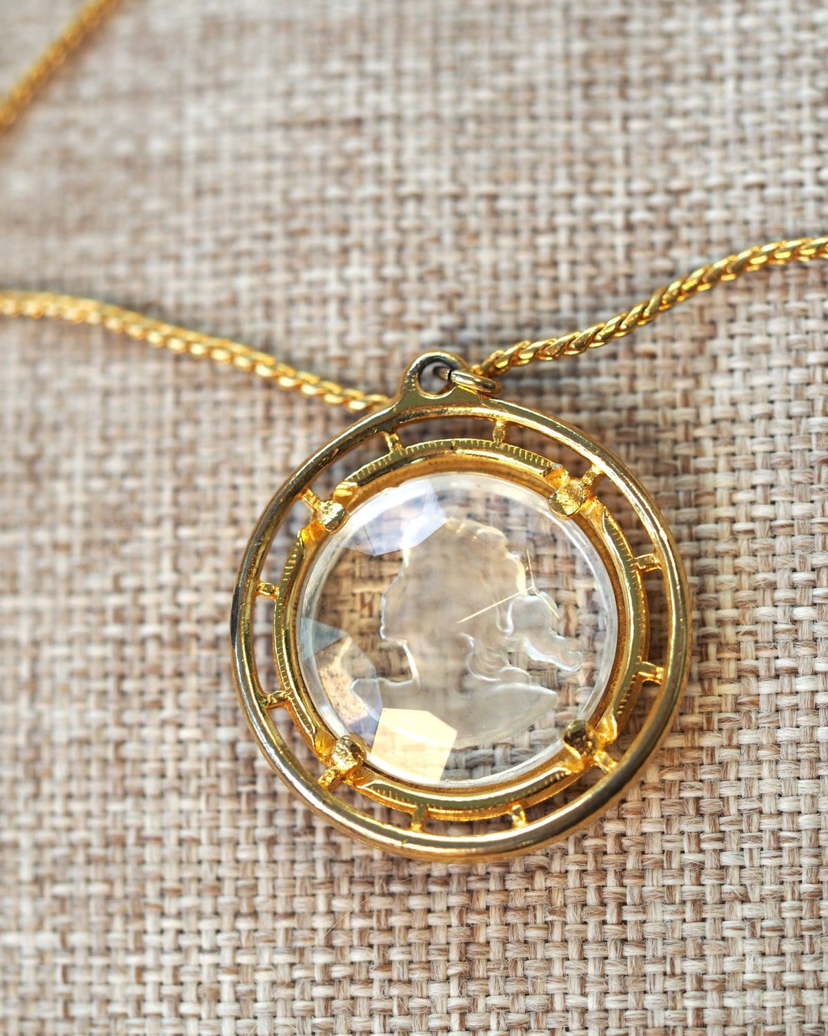 Vintage Glass Cameo Necklace, Carved Profile Pendant Gold Tone Rope Chain, 1950s Mid Century Jewelry, Coquette Gift for Her Necklace - GlamGram NYC