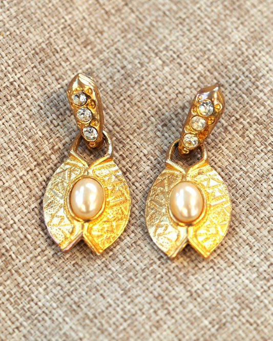 Vintage Gold-Tone Faux Pearl Leaf Drop Pierced Earrings Earrings (Pierced) - GlamGram NYC