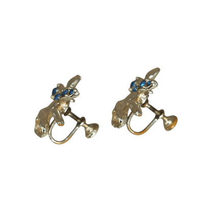 Vintage Gold Tone Orchid Screw-Back Earrings Sapphire Blue Rhinestones and Faux Pearl Earrings - GlamGram NYC