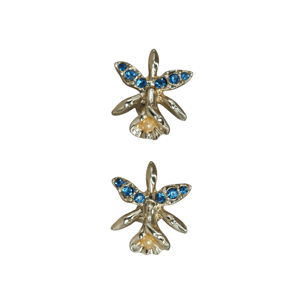 Vintage Gold Tone Orchid Screw-Back Earrings Sapphire Blue Rhinestones and Faux Pearl Earrings - GlamGram NYC