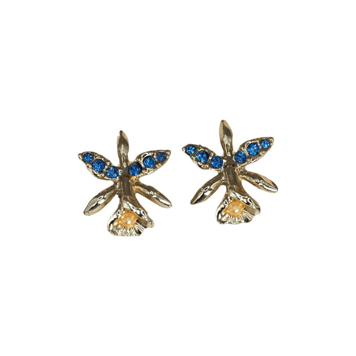 Vintage Gold Tone Orchid Screw-Back Earrings Sapphire Blue Rhinestones and Faux Pearl Earrings - GlamGram NYC