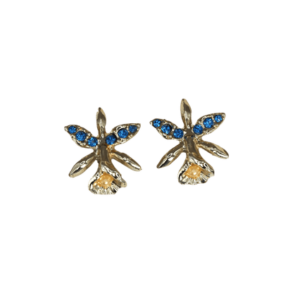 Vintage Gold Tone Orchid Screw-Back Earrings Sapphire Blue Rhinestones and Faux Pearl Earrings - GlamGram NYC