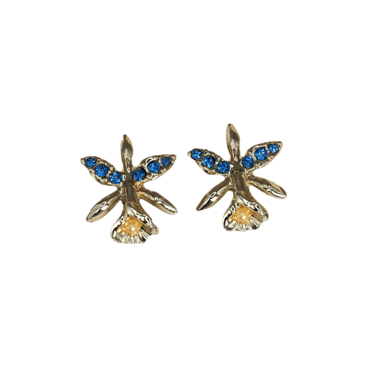 Vintage Gold Tone Orchid Screw-Back Earrings Sapphire Blue Rhinestones and Faux Pearl Earrings - GlamGram NYC