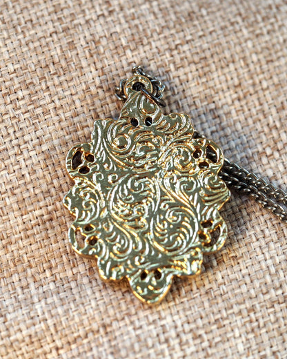Vintage Gold-Tone Pink Rose Pendant Glass Cabochon Filigree Frame 18" Pendant - GlamGram NYC