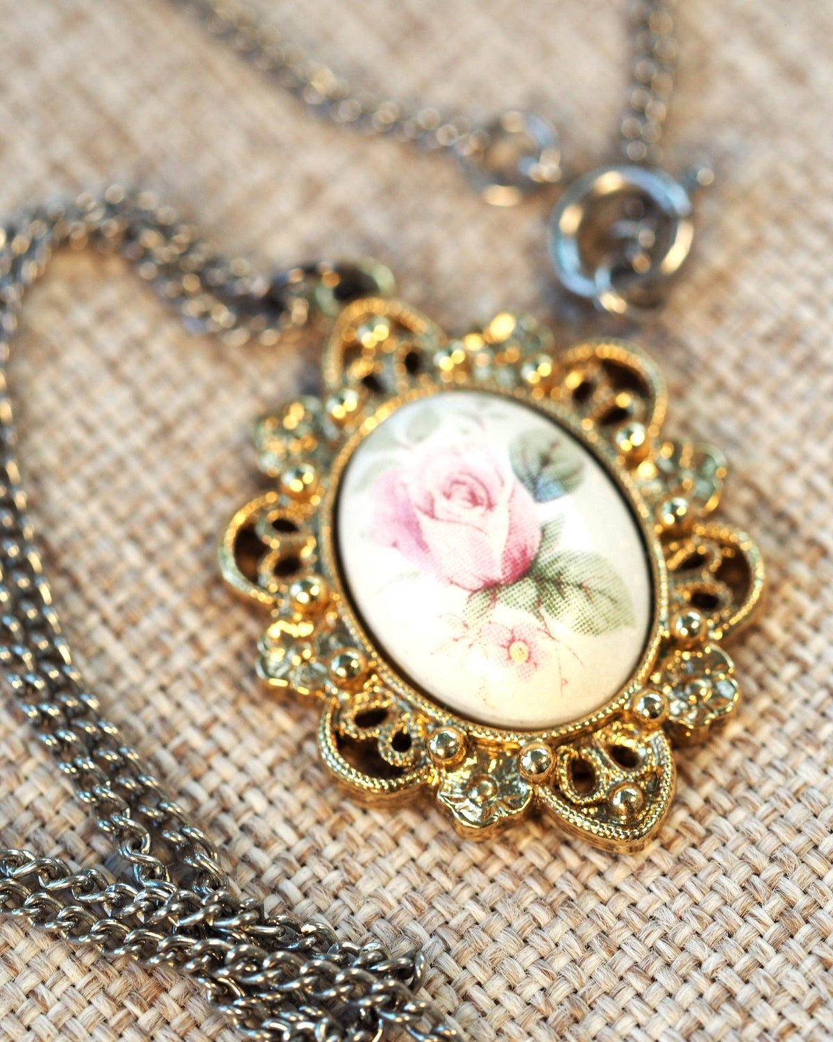 Vintage Gold-Tone Pink Rose Pendant Glass Cabochon Filigree Frame 18" Pendant - GlamGram NYC