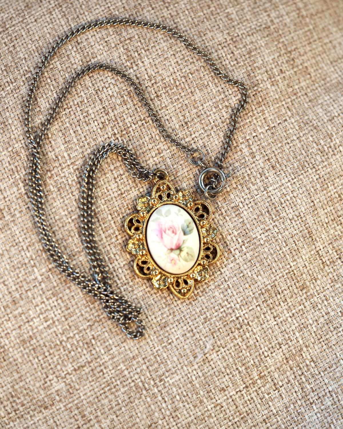 Vintage Gold-Tone Pink Rose Pendant Glass Cabochon Filigree Frame 18" Pendant - GlamGram NYC