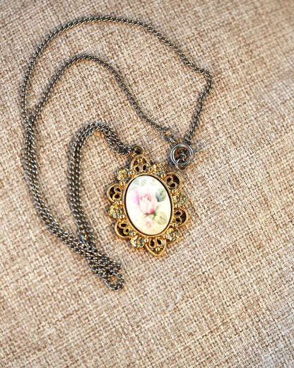 Vintage Gold-Tone Pink Rose Pendant Glass Cabochon Filigree Frame 18" Pendant - GlamGram NYC