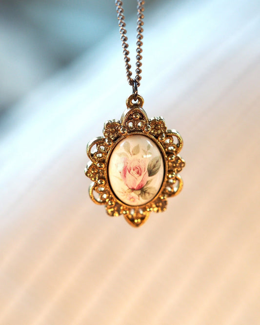 Vintage Gold-Tone Pink Rose Pendant Glass Cabochon Filigree Frame 18" Pendant - GlamGram NYC